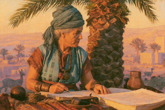 Deborah the prophetess judging Israel under a palm tree, ancient Ephraim landscape, warm golden hour light, historical realism
