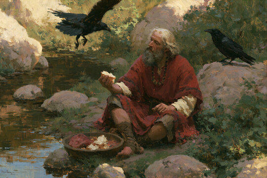 Elijah hiding by the brook Cherith, ravens bringing him bread and meat, quiet nature scene, divine provision