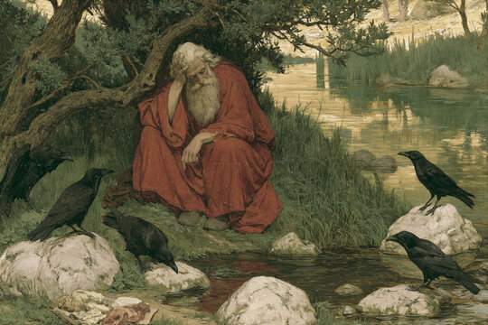 Elijah hiding by the brook Cherith, ravens bringing him bread and meat, quiet nature scene, divine provision