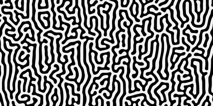 Turing reaction diffusion monochrome seamless pattern with chaotic motion. Overlay template abstract turing organic wallpaper. Natural maze labyrinth, reaction diffusion seamless vector pattern.