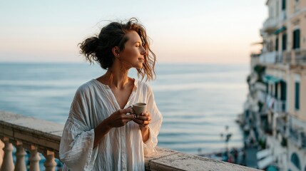 Obraz premium Young Woman Enjoying Morning Coffee on a Balcony Overlooking the Sea at Sunrise