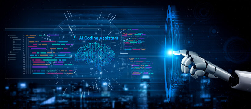 Futuristic robot hand engages with a digital coding interface featuring an AI brain visualization, illustrating the intersection of technology and innovation in programming. Cyphers