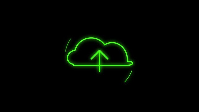 Neon green glowing cloud upload arrow icon animation on black background