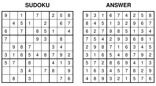 Easy sudoku puzzle with answer, classic 9x9 numerical logic game vector illustration for activity book, printable worksheet and brain training
