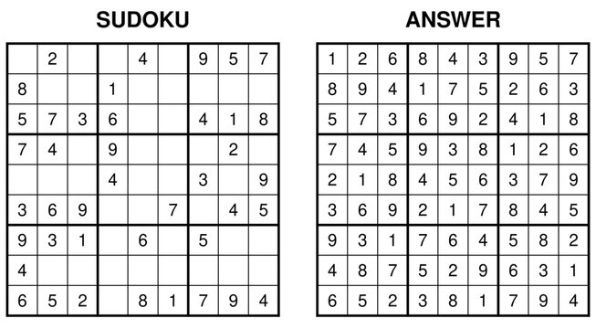 Medium sudoku puzzle with answer, classic 9x9 numerical logic game vector illustration for intermediate activity book, printable worksheet and brain training