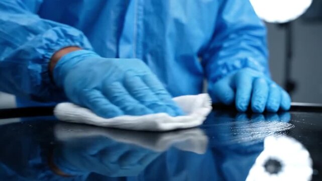 Closeup of a person in a blue protective suit and gloves cleaning a dark, reflective surface with a white cloth
