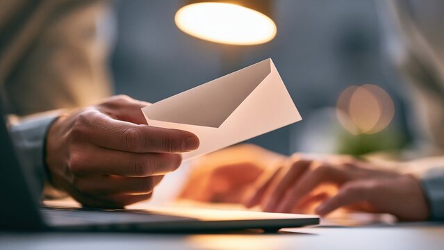 Businessman handing envelope at office desk with blurred colleagues