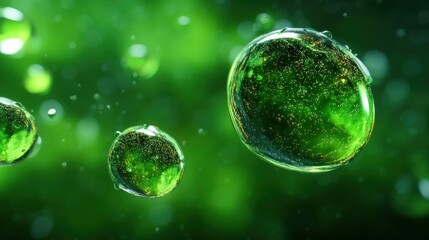 Naklejka premium Abstract Microscopic Green Cells Floating in Water Droplets, Biological Science and Health Concept