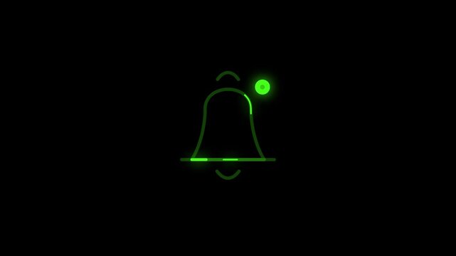 Neon green glowing bell notification alert icon animation on black background