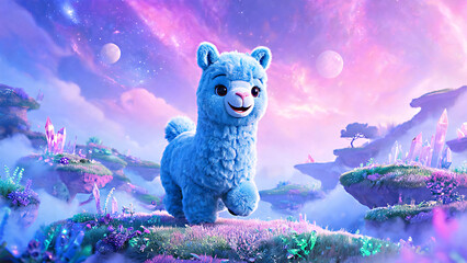 Obraz premium A cute blue fluffy llama smiles on a grassy cliff in a colorful fantasy world with floating islands and glowing crystals