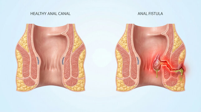 Anal Fistula and Healthy Anal Canal Comparison Showing Abscess and Inflammation
