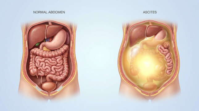 Ascites Fluid Accumulation in Peritoneal Cavity and Normal Abdomen Comparison
