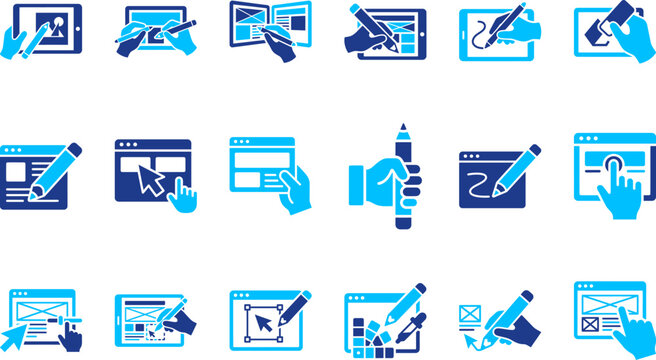 Web design and ui ux icons showing interface layout wireframing prototyping and digital creation.