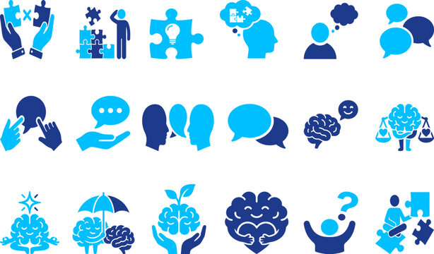 Communication and thinking icons with speech bubbles brains and people interacting with ideas.