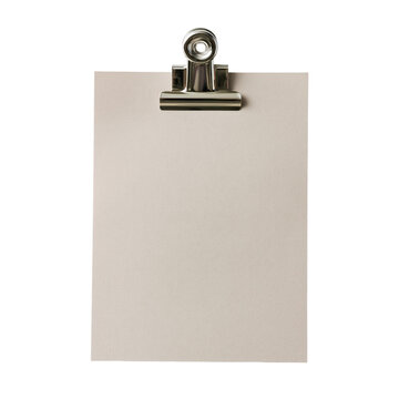 Metal clipboard clip with blank paper, isolated on transparent PNG
