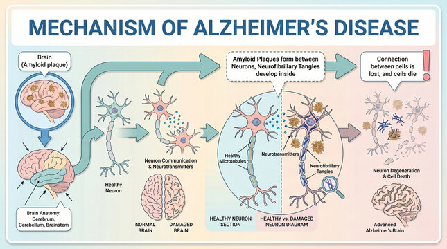 Mechanism of Alzheimers Disease and Neuron Degeneration Brain Diagram
