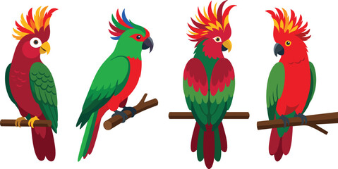 Colorful Tropical Parrot Bird Vector Set with Exotic Cockatoo Macaw Characters Sitting on Tree Branches for Jungle Nature Designs © Ruhul