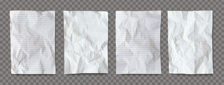 Pack of realistic white crumpled papers with shadow isolated on a transparent background. Empty notebook sheets mockup - checkered and line. Notepook template set. Vector illustration