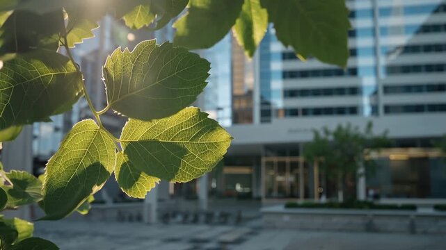 オフィス街のガラスを背景に若葉の透けと縁光を切り取る