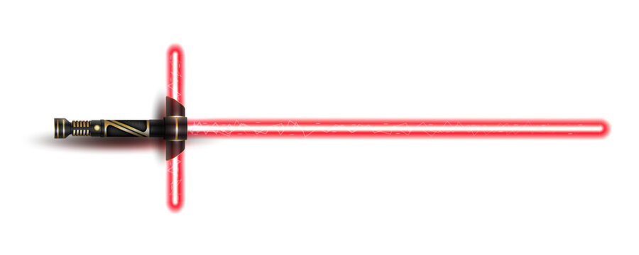 New realistic design red two handed neon sword isolated on white background. Close combat energy weapon. Vector illustration
