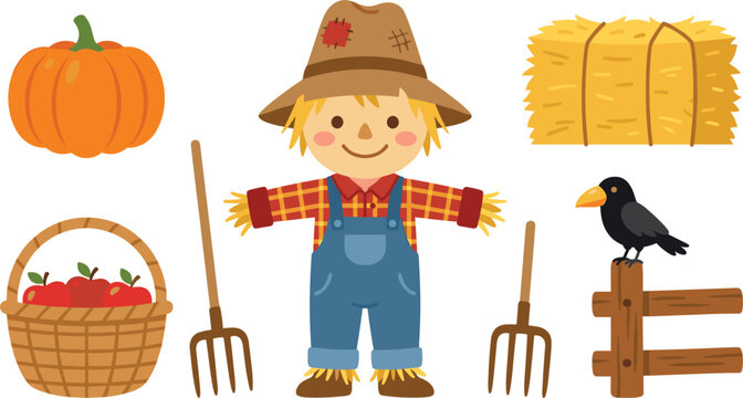 Cute Farm Harvest Cartoon Vector Set with Friendly Scarecrow, Large Pumpkin, Hay Bale, Black Crow, Apple Basket, and Garden Pitchforks