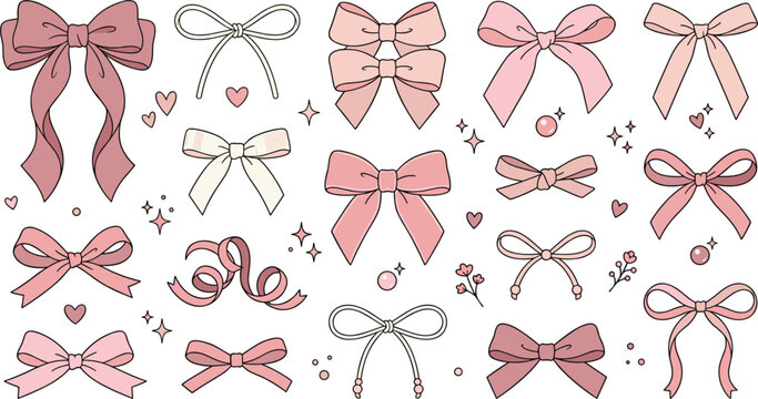 Cute Pink Ribbon Bow Vector Set with Coquette Aesthetic Elements, Sparkles, Hearts, and Decorative Festive Knots for Graphic Designs