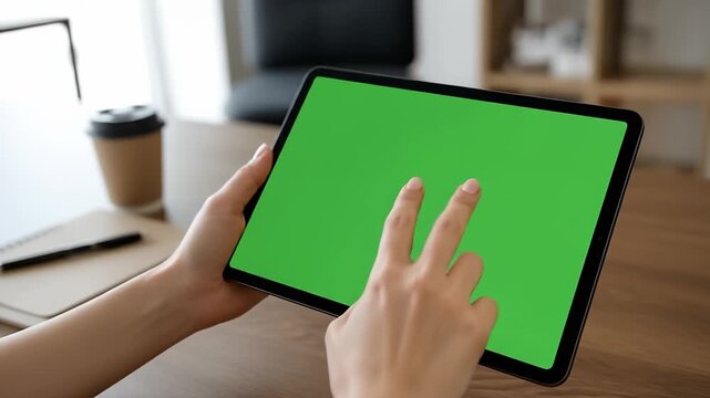 Hands Interacting with Green Screen Tablet Device on Wooden Desk, CloseUp View of Modern Technology Use