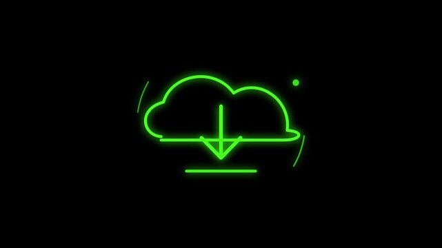 Neon green glowing cloud download arrow icon animation on black background