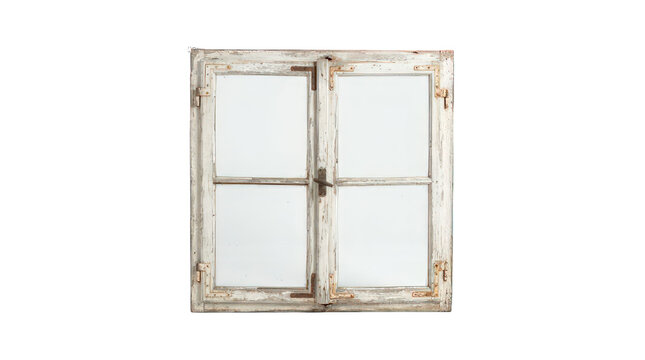 Old distressed white wooden window frame with four glass panes, isolated on transparent background