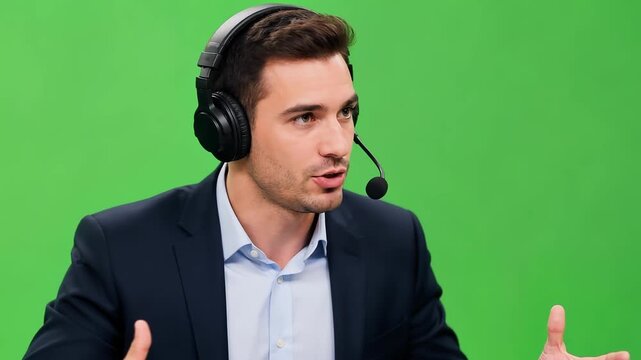 Professional Businessman Speaking Animatedly with Headphones and Microphone on Green Screen Background