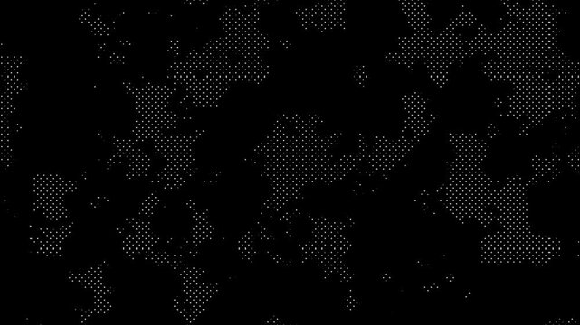 Animated looping abstract technology animation with random white dots, wavy grids and halftone texture on dark background. Futuristic data network, moire effect and digital motion backdrop,