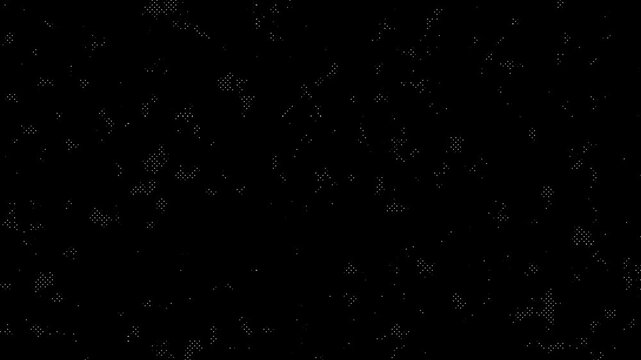 Animated technology loop background in 4k with random dots, geometric grids and modern halftone textures. Black futuristic data concept featuring dynamic moire mot.