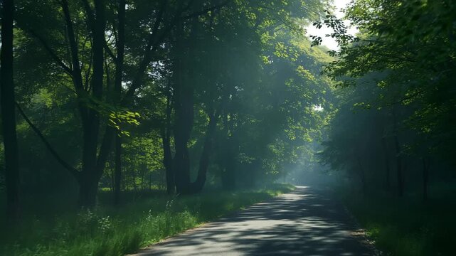硬い側光が新緑の木々に強い陰影の帯を刻むシネマ調