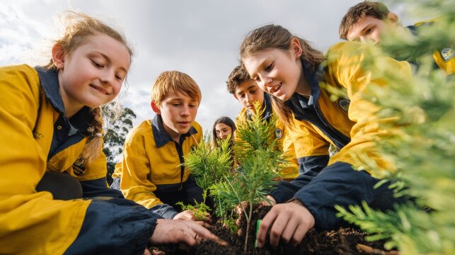 Education and nature: planting seeds of change for a greener tomorrow. High resolution. Kids connect with nature by planting trees in a colorful australian landscape. Strong contrast.