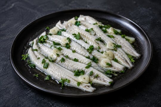 Boquerones en vinagre served on a dark plate. Marinated Spanish anchovy appetizer with garlic and parsley. Traditional Mediterranean seafood tapa for restaurant menu presentation.