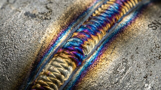 Close up macro shot of a colorful iridescent weld seam on metal surface with intricate texture and heat discoloration Satellite internet and space economy