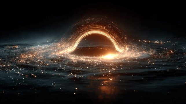 Black hole event horizon visualization showing gravitational boundary, light capture, spacetime distortion, relativistic jets, and abstract cosmic physics illustration