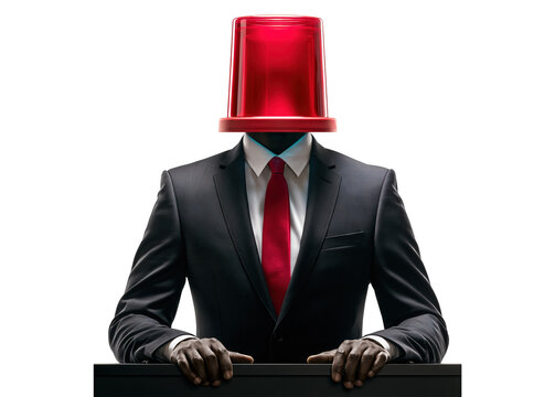 Masked businessman with red top hat and tie behind desk