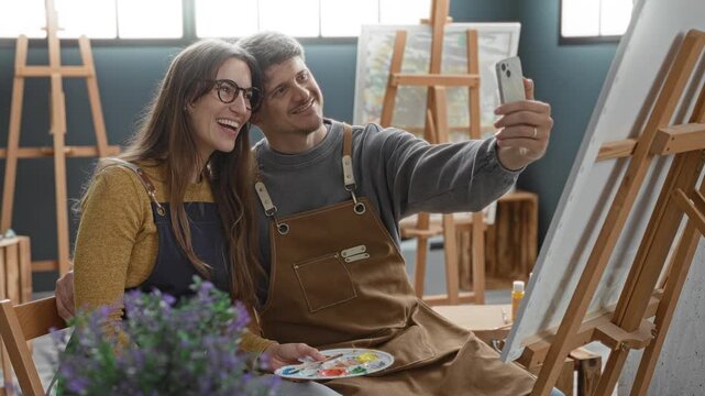 Young woman and man painters in aprons sharing a smartphone and paint palette while smiling in an art studio; creative collaboration joy.