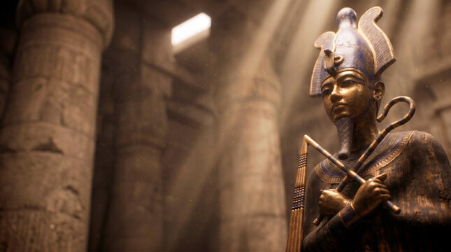 Golden statue of the ancient Egyptian god Osiris inside a temple illuminated by sun rays