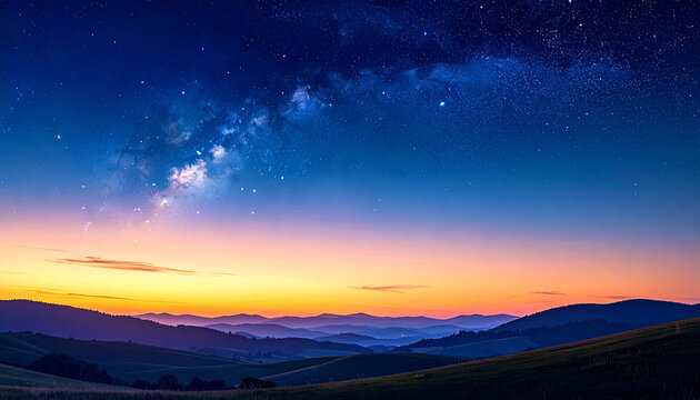 夕暮れの星空と天の川 なだらかな丘の夜景 背景イラスト