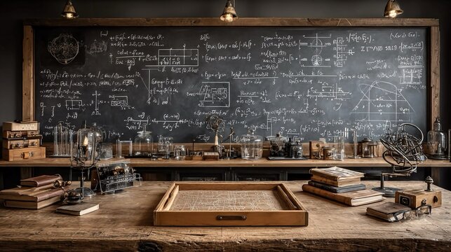 Blackboard in classroom filled with science equations and diagrams, chalk tray, and notebooks, highlighting traditional education, STEM learning environment, and academic preparation setup