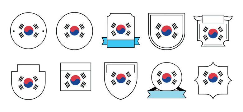 Collection of Korean Flag Emblems: A varied assortment of emblem designs, each featuring the Taegeuk symbol and trigrams of the South Korean flag, presented in different shapes and styles.