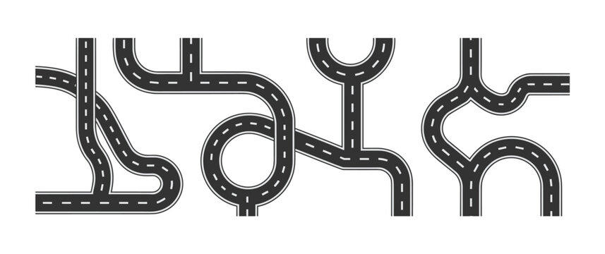 Abstract Crossroads: A collection of abstract road segments, including curves, junctions, and a loop, are depicted in an overhead view, suggesting pathways and choices.