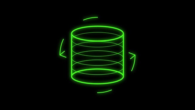 Neon green glowing database cylinder with rotation arrows icon animation on black background