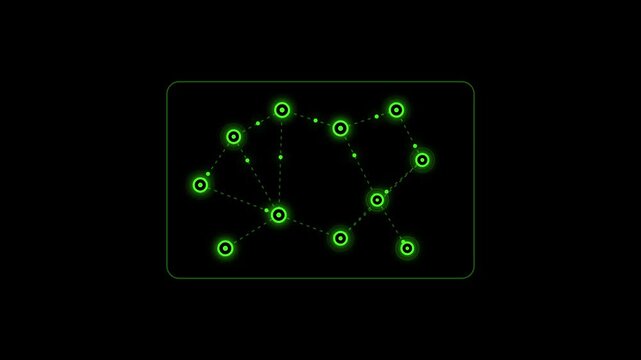 Neon green glowing network connection node map topology animation on black background