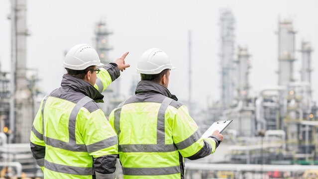 Two engineers in hard hats checking an oil refinery construction site