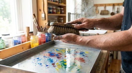 Fototapeta premium Artist holding a brush over a tray of floating colors for paper marbling