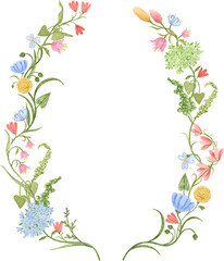 Obraz premium Hand- painted Digital Watercolor Colorful Floral Frame. Hand-painted Meadow Wildflowers, Plants, Herbs, Leaf. Quirky Botanical Isolated Border. PNG Clipart.