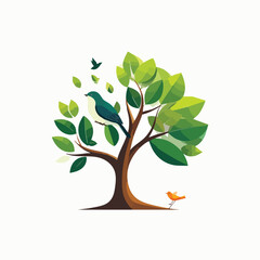 Fototapeta premium Stylized artistic tree illustration with birds and green leaves.